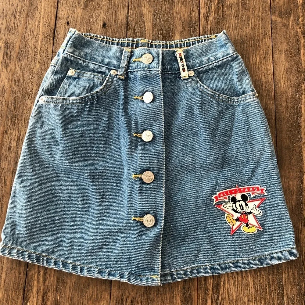 Vintage Disney Mickey & Co Size 6 Button Up Denim Skirt All Stars Embroidered